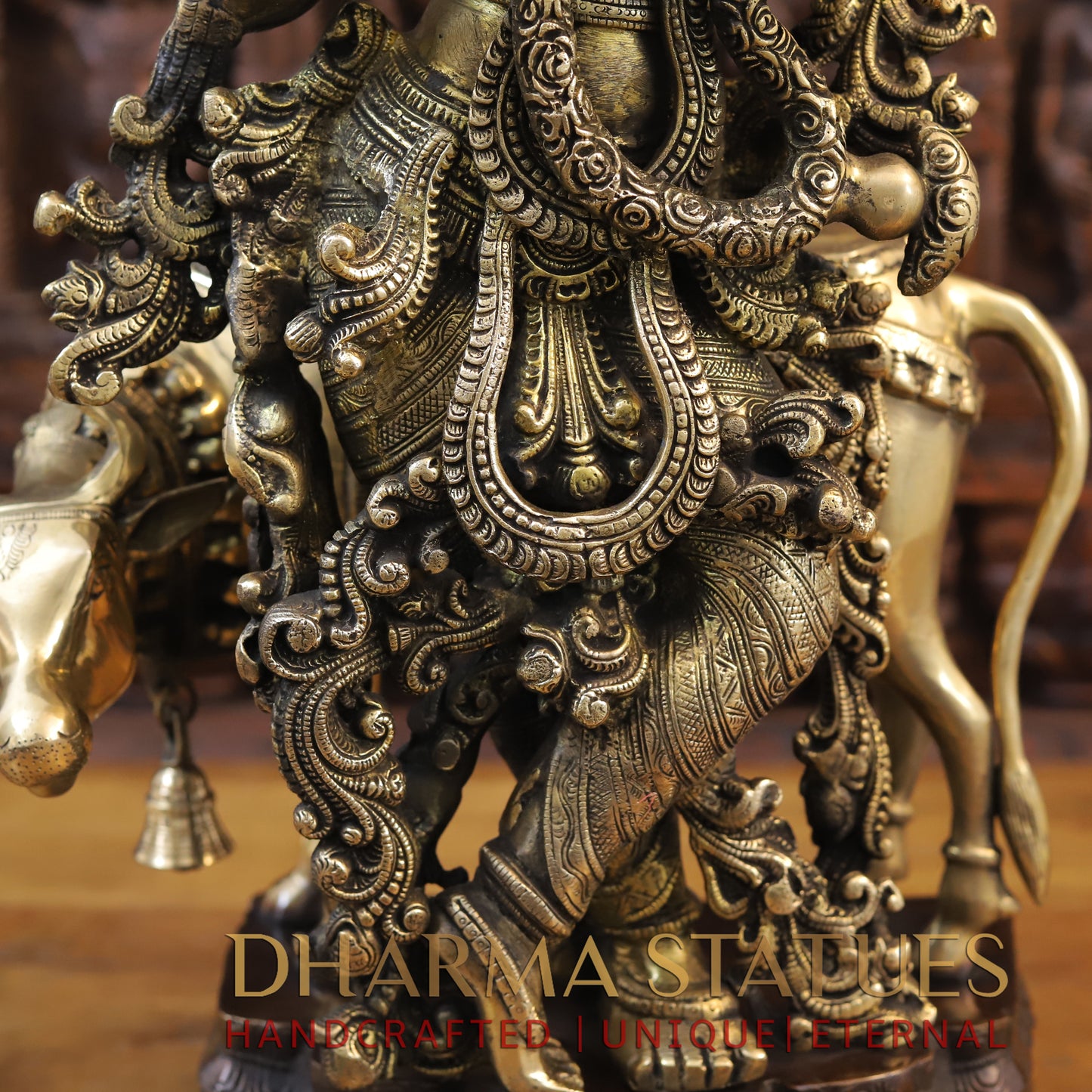 Brass Krishna Statue with cow, Fine Golden Finish 26"