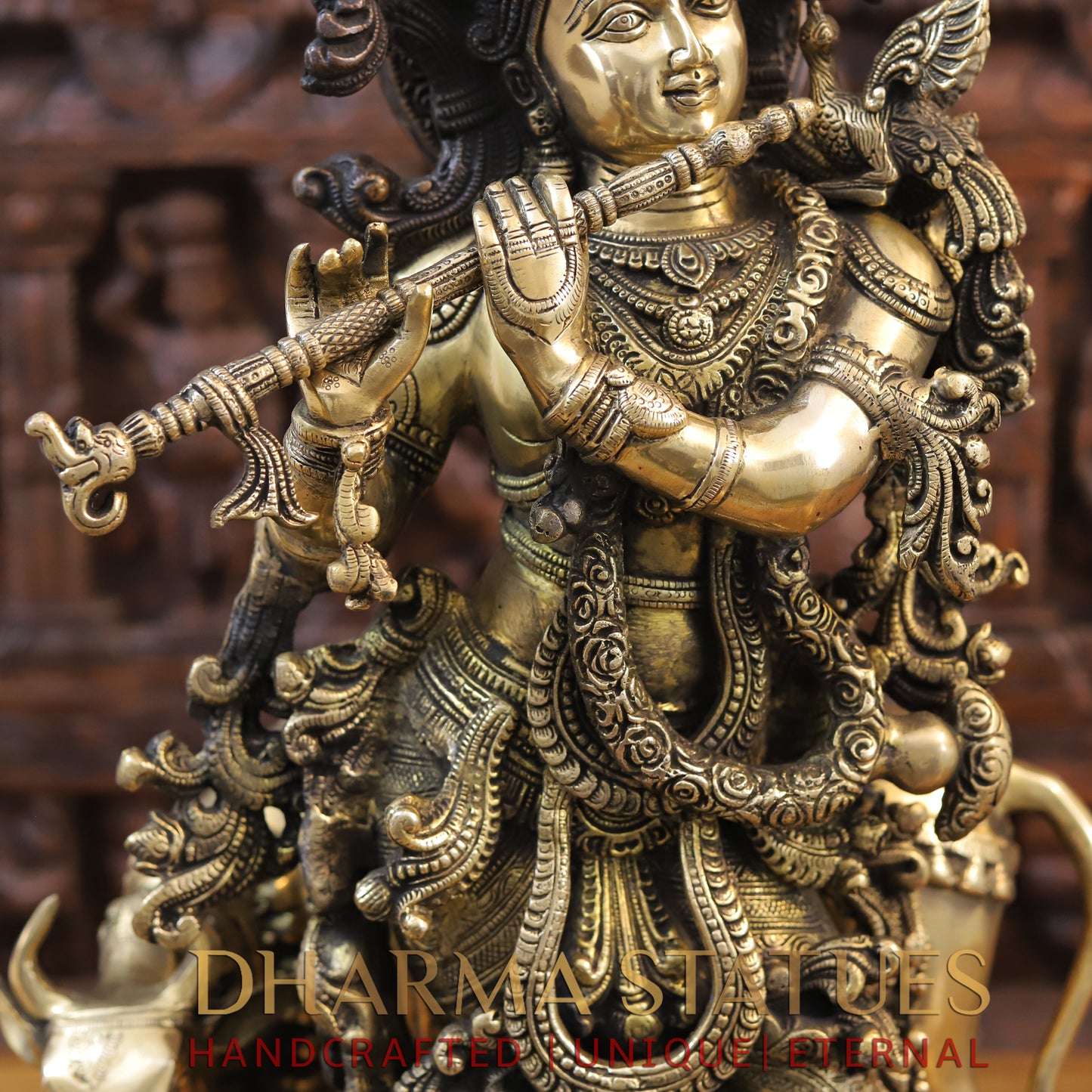 Brass Krishna Statue with cow, Fine Golden Finish 26"