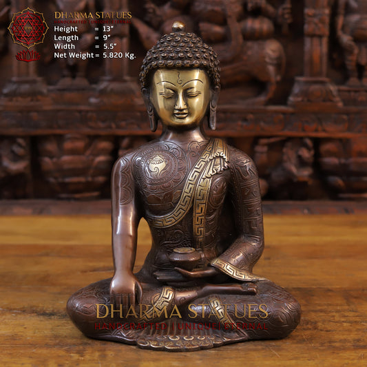 Brass Buddha Idol, Fine Carving Copper and Golden Finish 13"