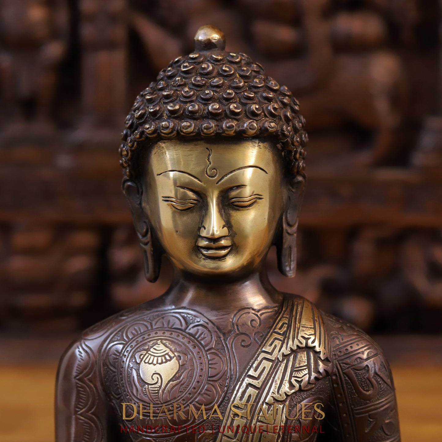 Brass Buddha Idol, Fine Carving Copper and Golden Finish 13"