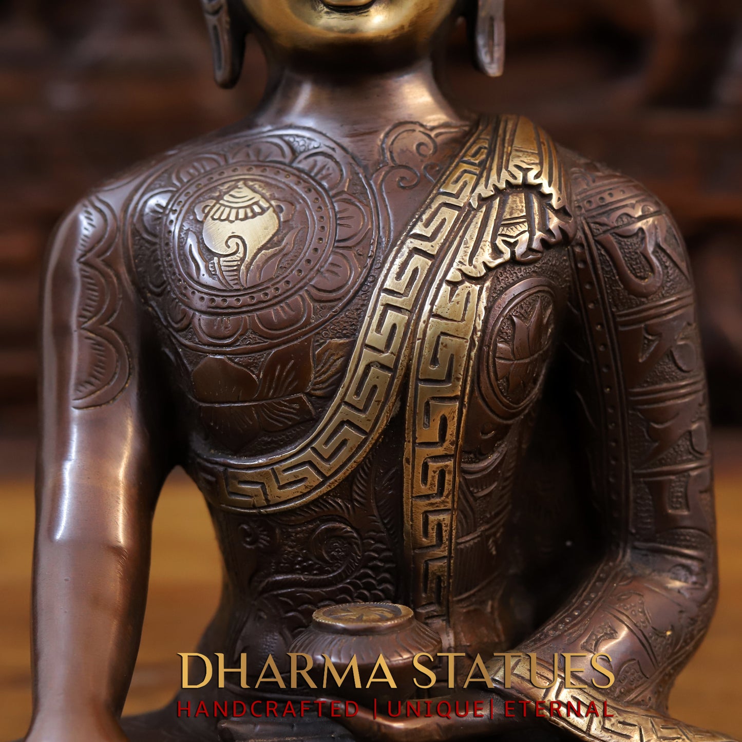 Brass Buddha Idol, Fine Carving Copper and Golden Finish 13"