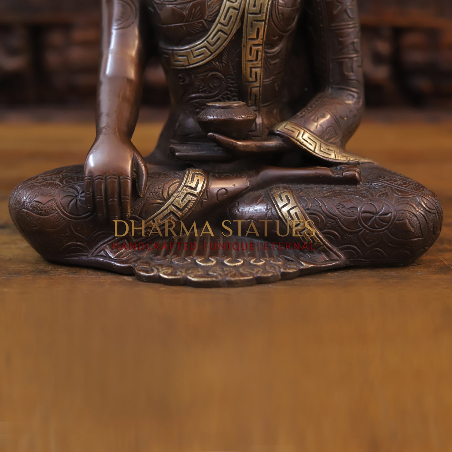 Brass Buddha Idol, Fine Carving Copper and Golden Finish 13"