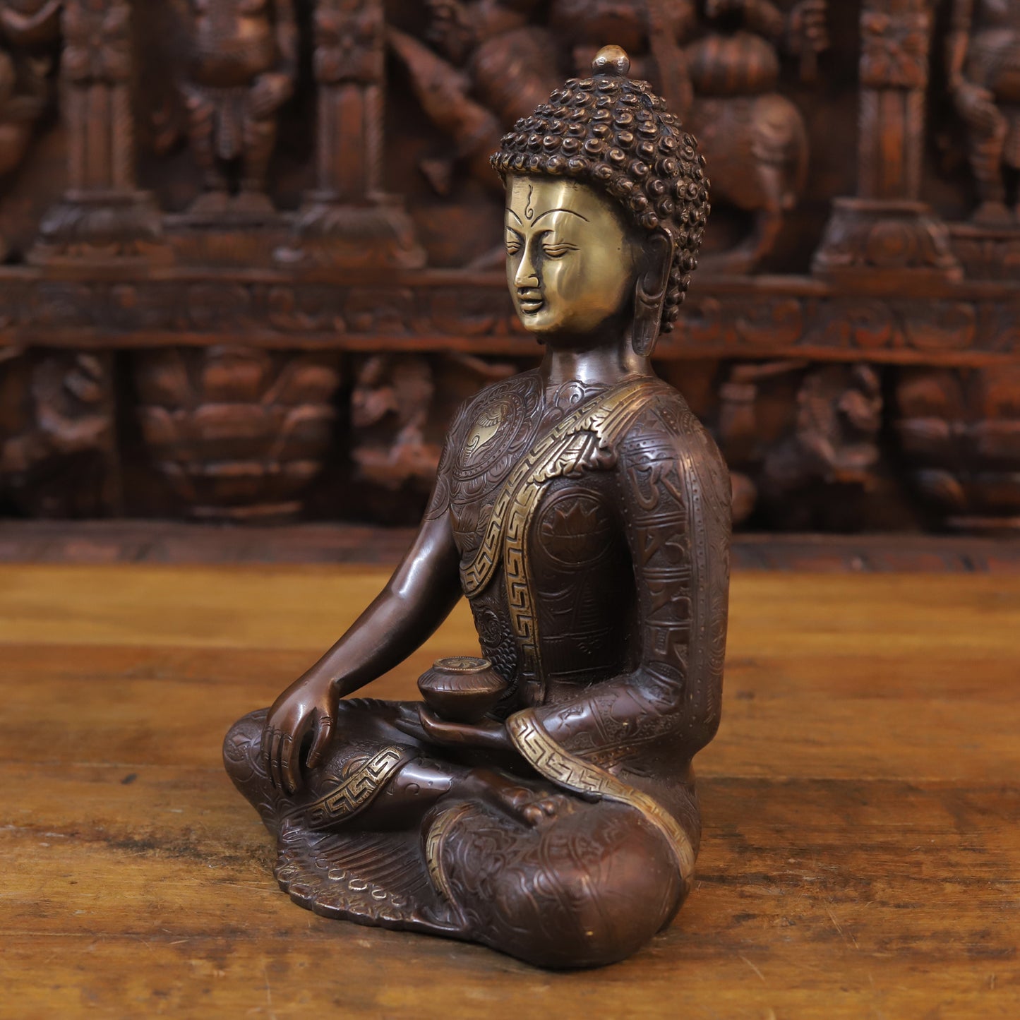 Brass Buddha Idol, Fine Carving Copper and Golden Finish 13"