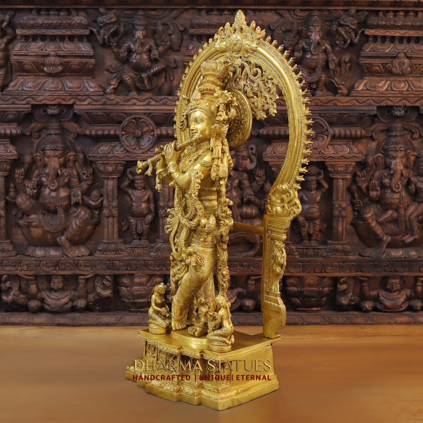 Brass Krishna standing behind Frame, Fine Golden Finish, 32"