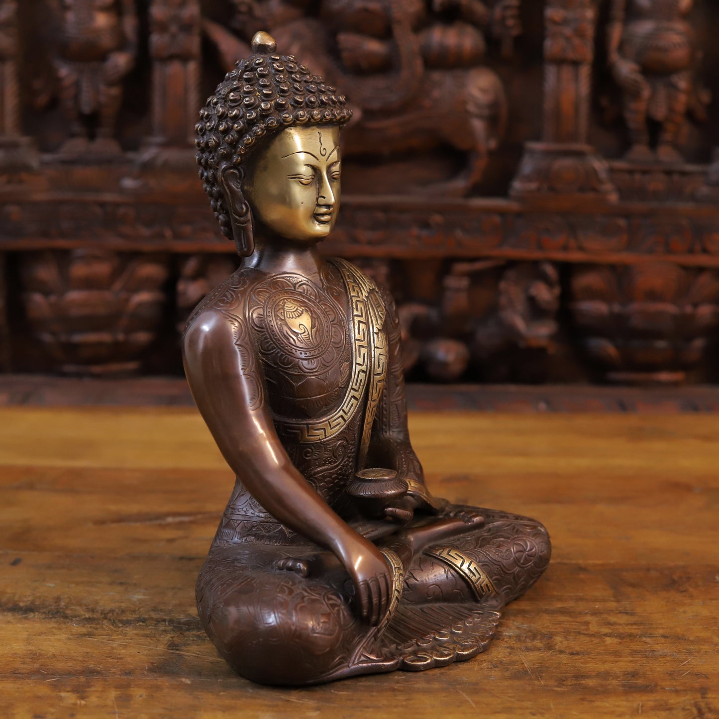 Brass Buddha Idol, Fine Carving Copper and Golden Finish 13"