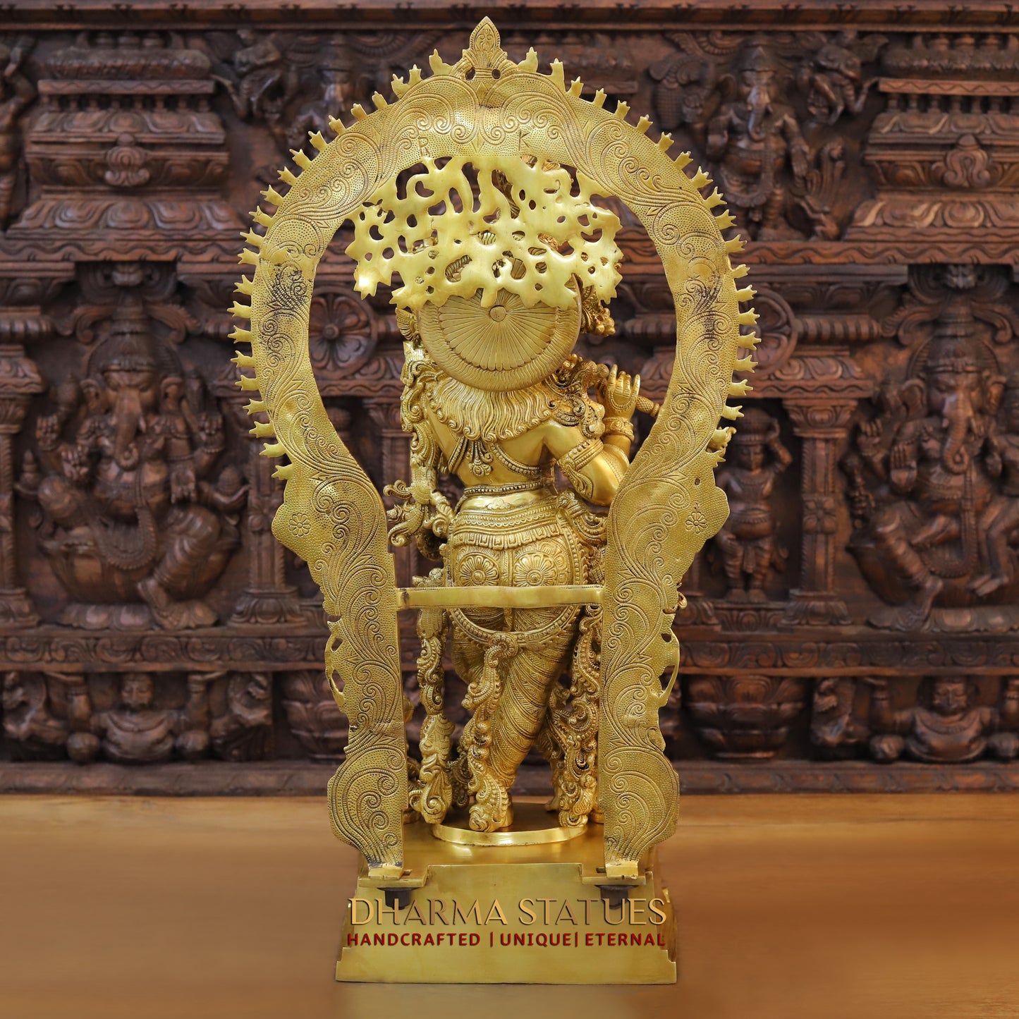 Brass Krishna standing behind Frame, Fine Golden Finish, 32"