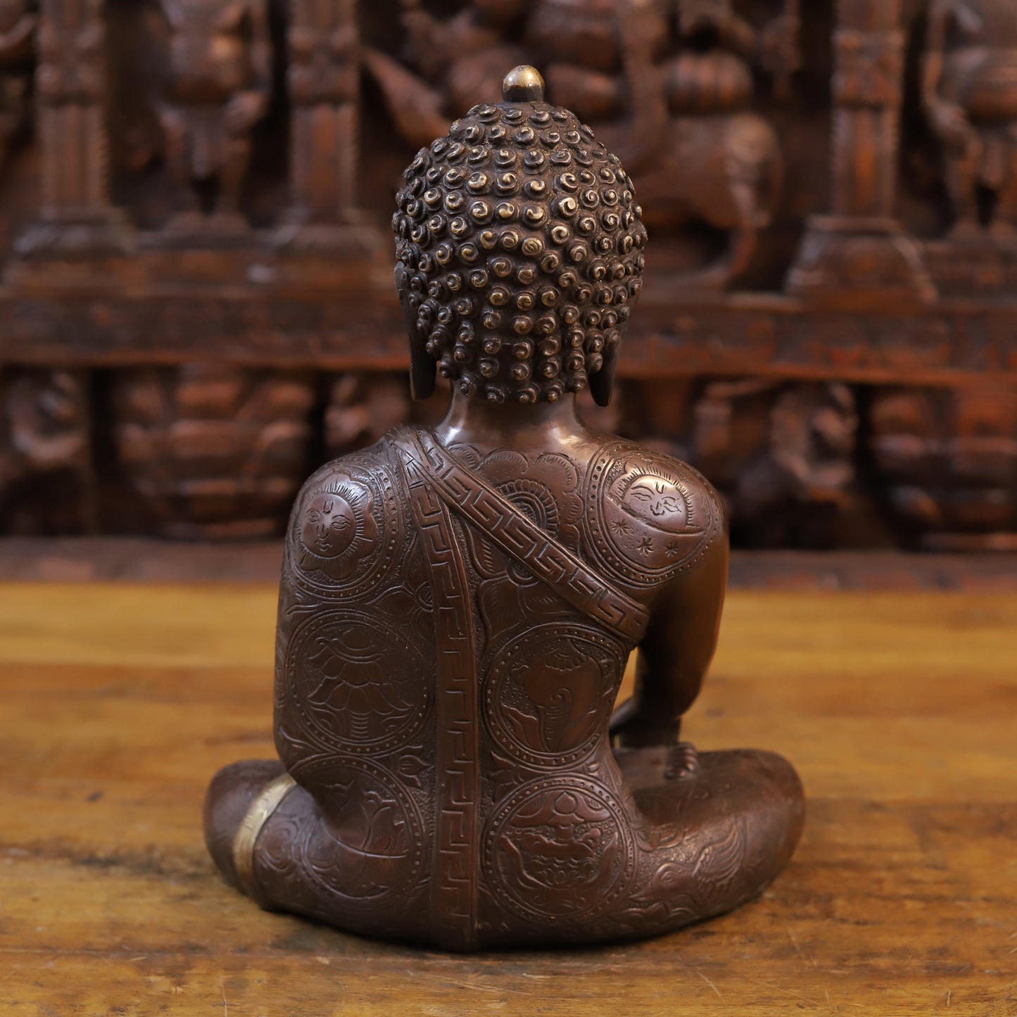 Brass Buddha Idol, Fine Carving Copper and Golden Finish 13"