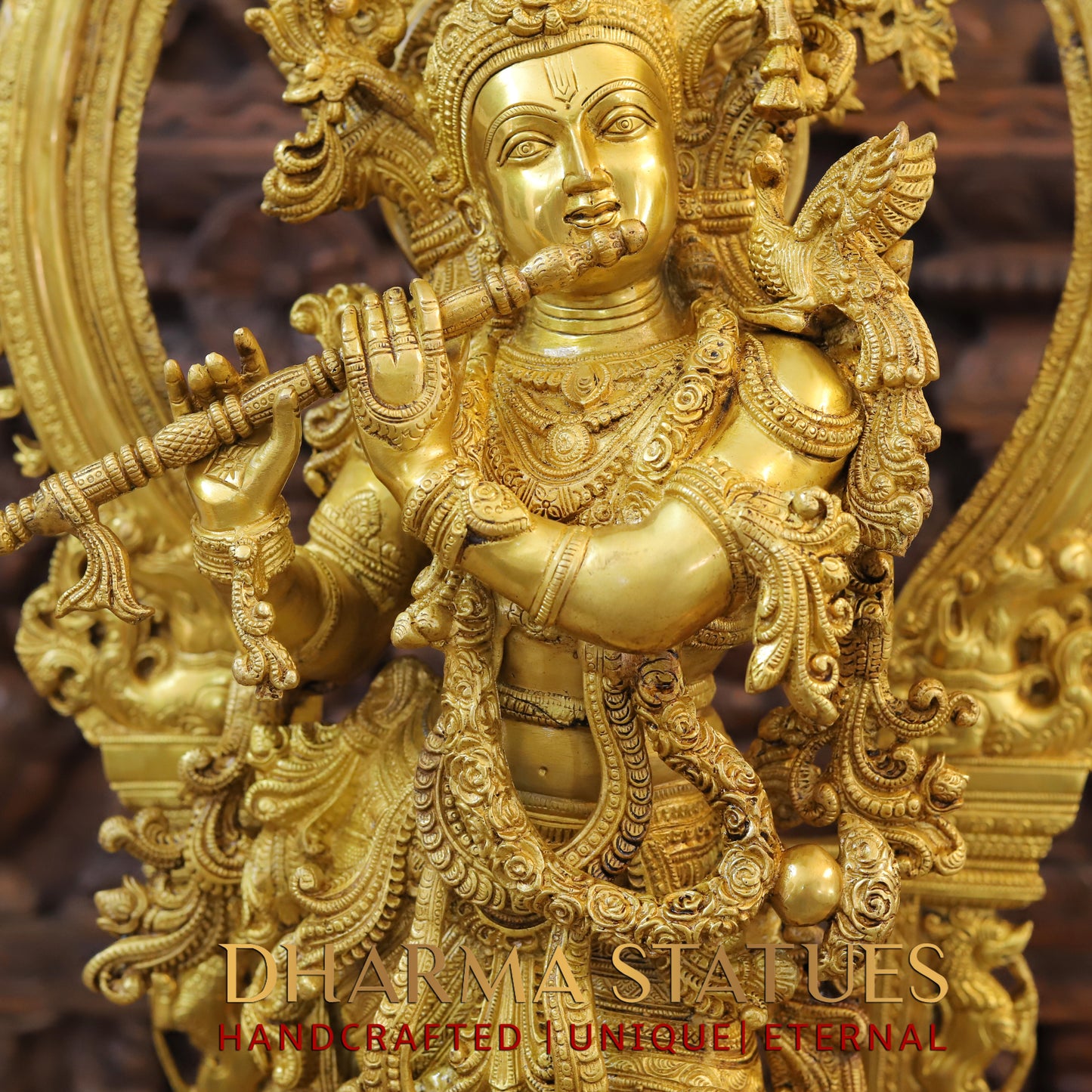 Brass Krishna standing behind Frame, Fine Golden Finish, 32"