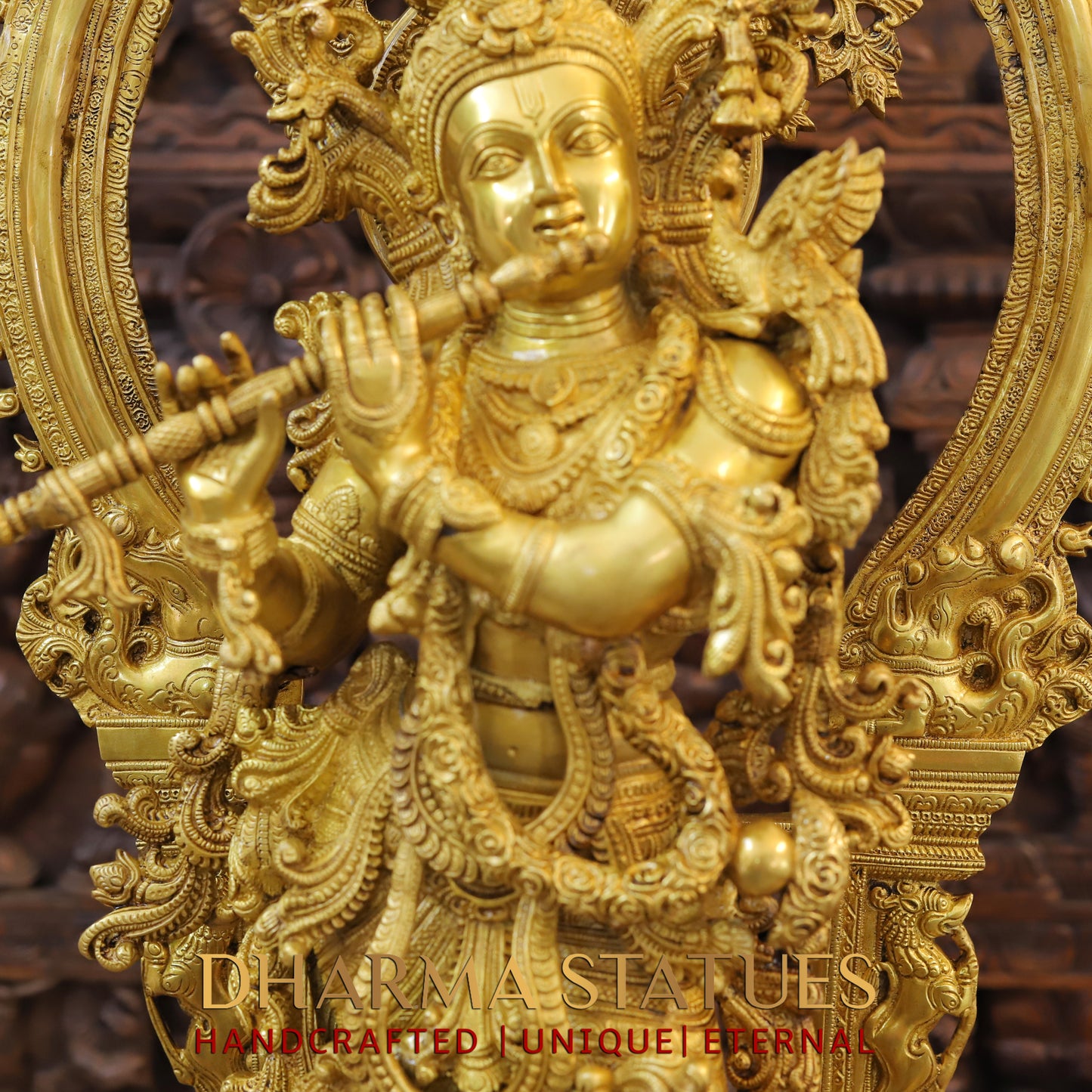 Brass Krishna standing behind Frame, Fine Golden Finish, 32"