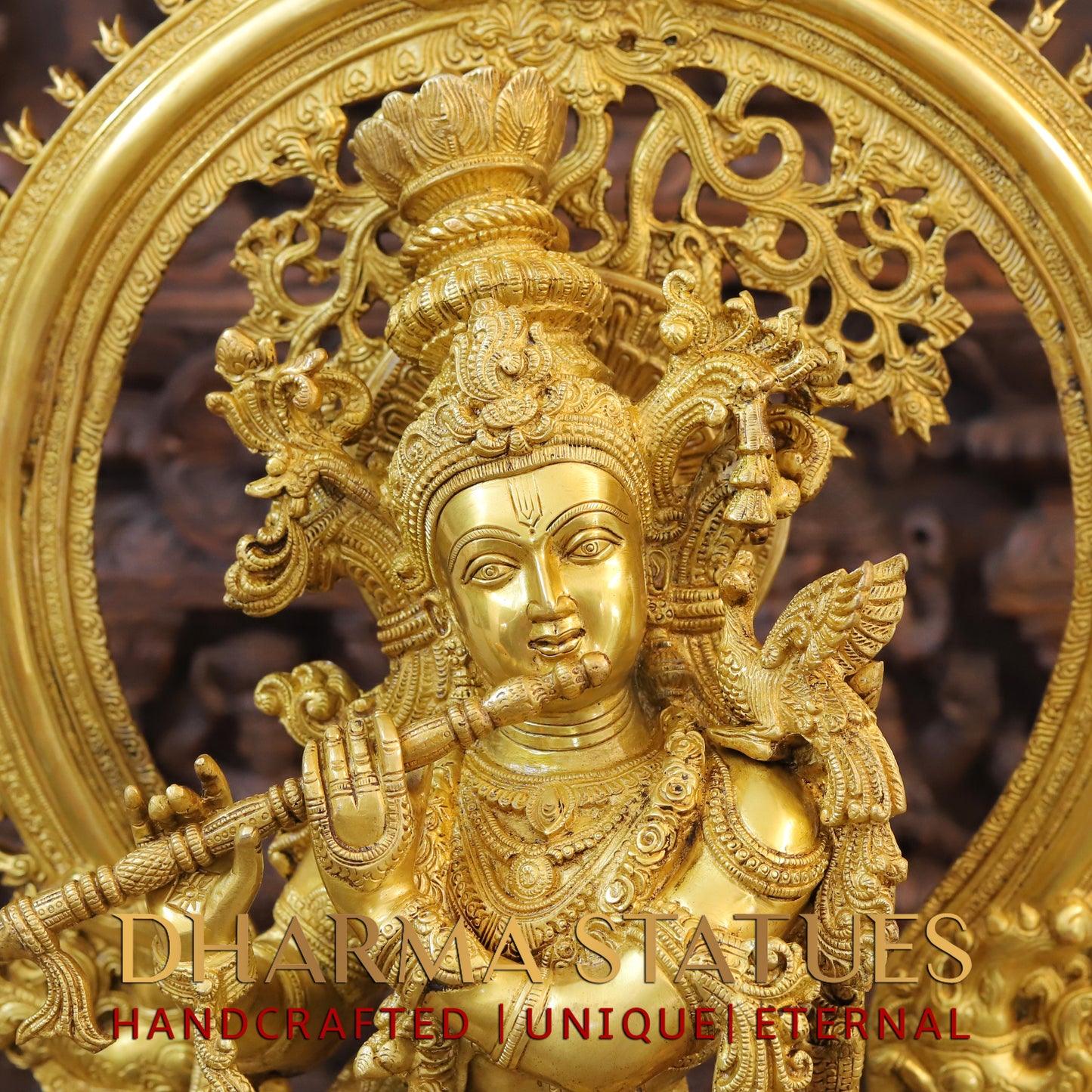 Brass Krishna standing behind Frame, Fine Golden Finish, 32"
