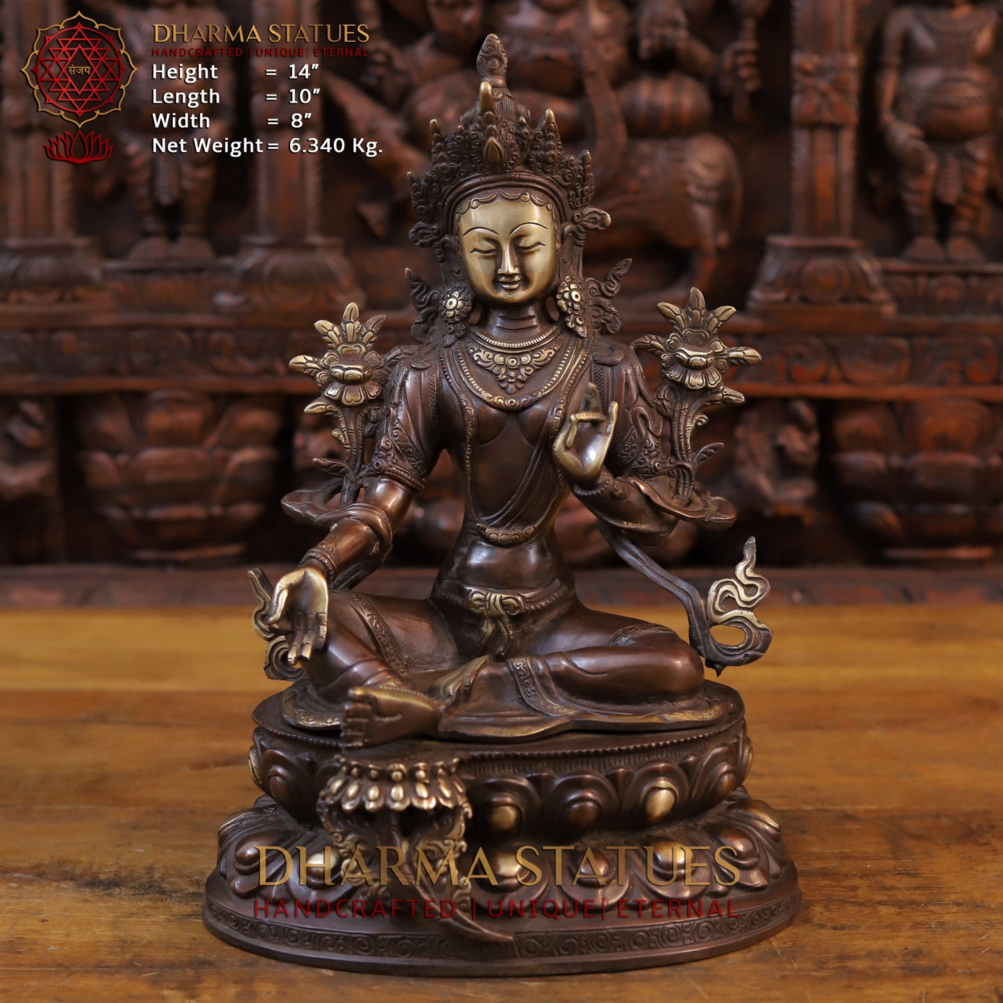 Brass Tara Devi Statue, Seated on Lotus, Copper Finish 14"