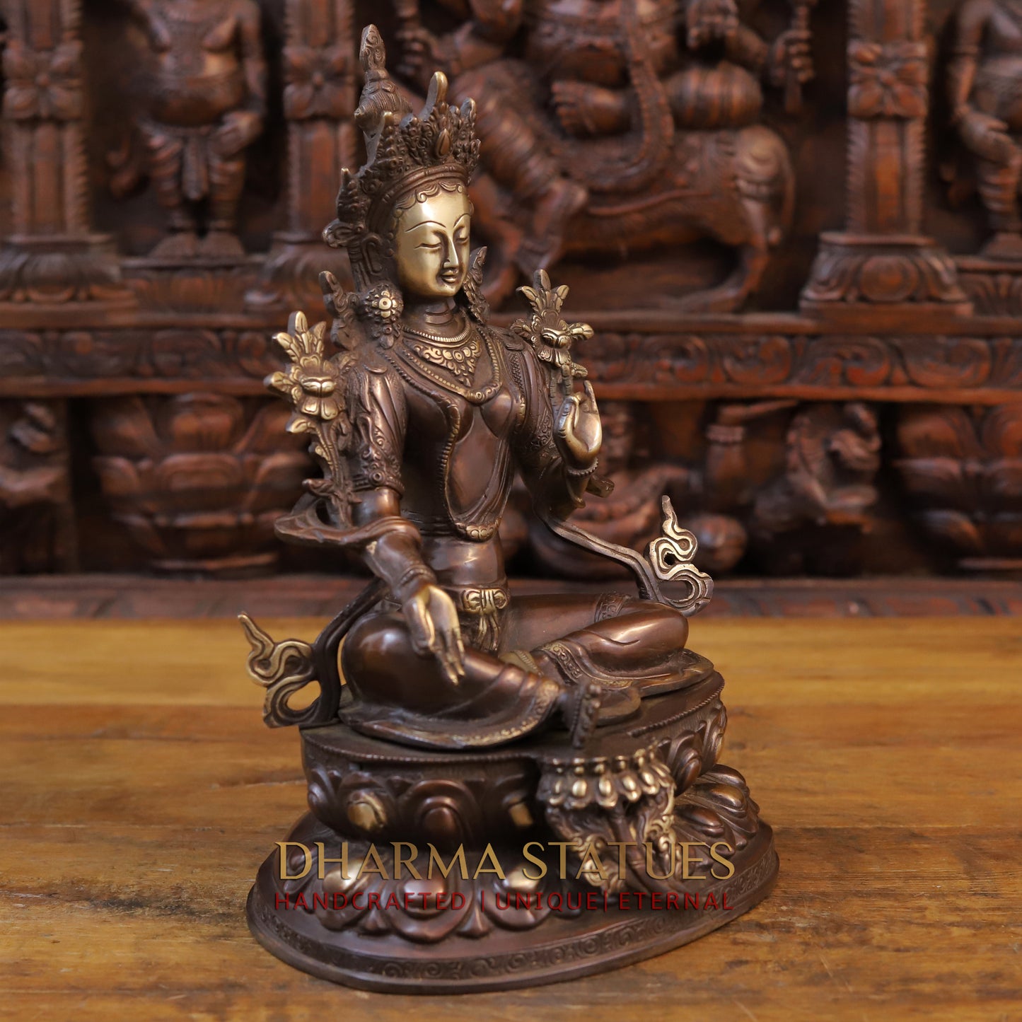 Brass Tara Devi Statue, Seated on Lotus, Copper Finish 14"