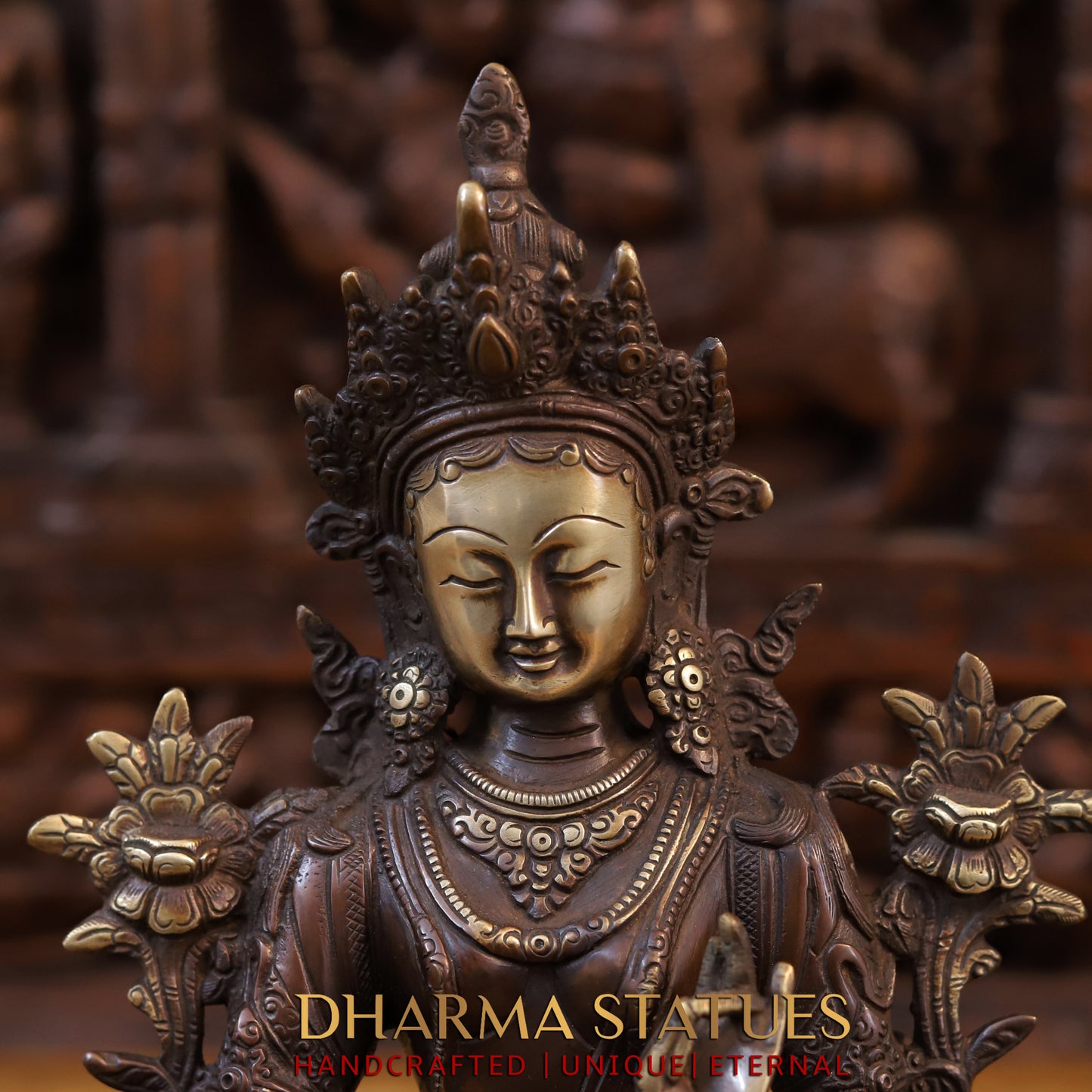Brass Tara Devi Statue, Seated on Lotus, Copper Finish 14"