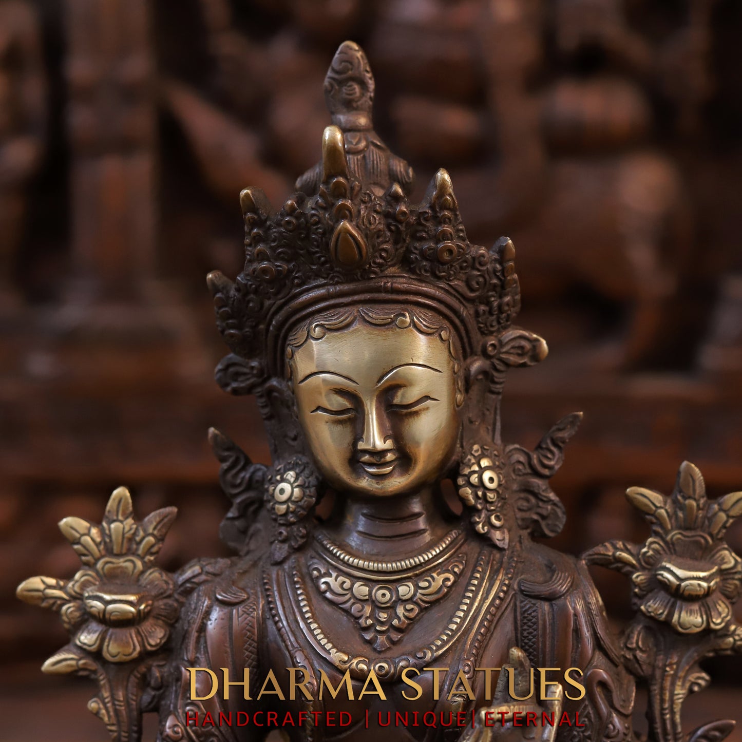 Brass Tara Devi Statue, Seated on Lotus, Copper Finish 14"