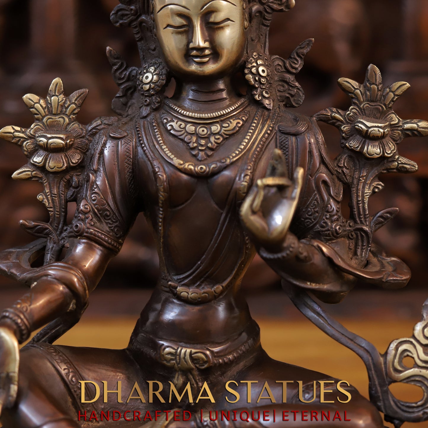 Brass Tara Devi Statue, Seated on Lotus, Copper Finish 14"