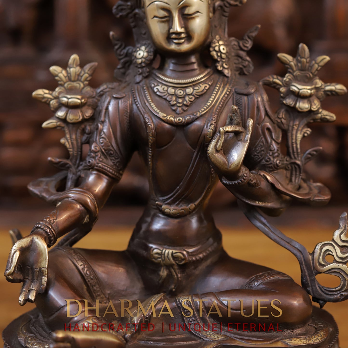 Brass Tara Devi Statue, Seated on Lotus, Copper Finish 14"
