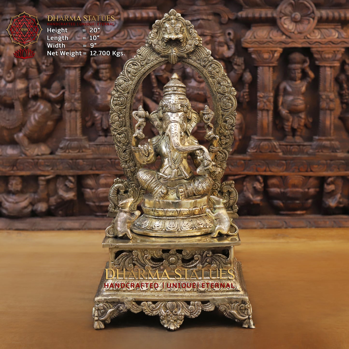 Brass Ganesh seated on Throne, Golden Finish, 20"