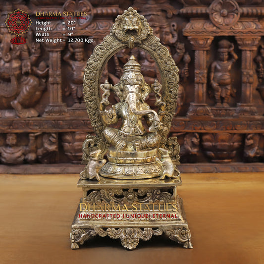 Brass Ganesh seated on Throne, Golden Finish, 20"