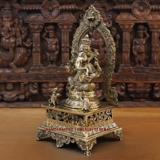 Brass Ganesh seated on Throne, Golden Finish, 20"