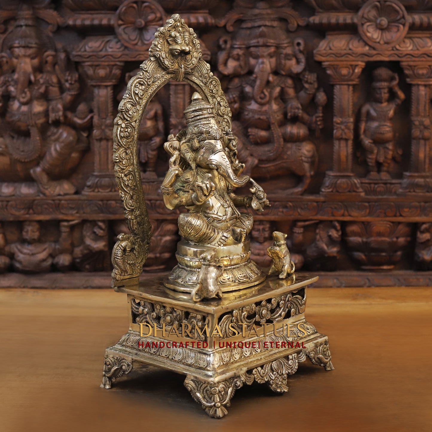 Brass Ganesh seated on Throne, Golden Finish, 20"