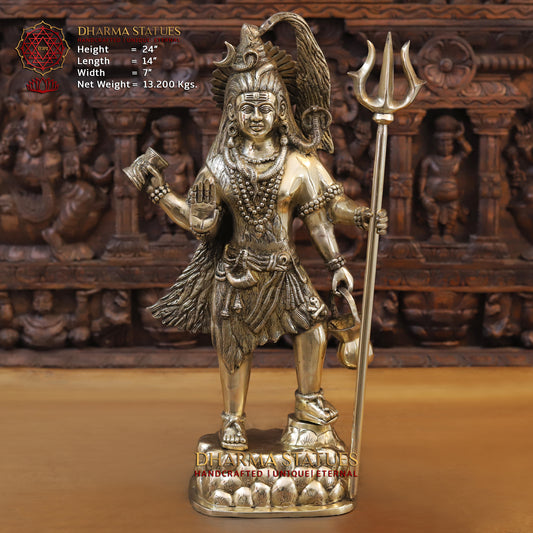 Brass Shiva standing with Trishul, Golden Finish, 24"