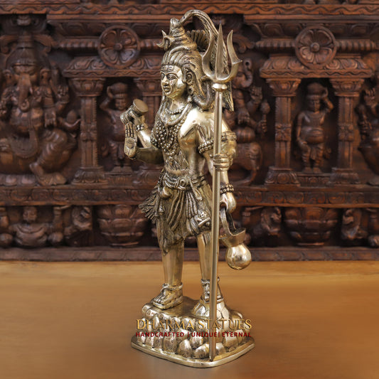 Brass Shiva standing with Trishul, Golden Finish, 24"