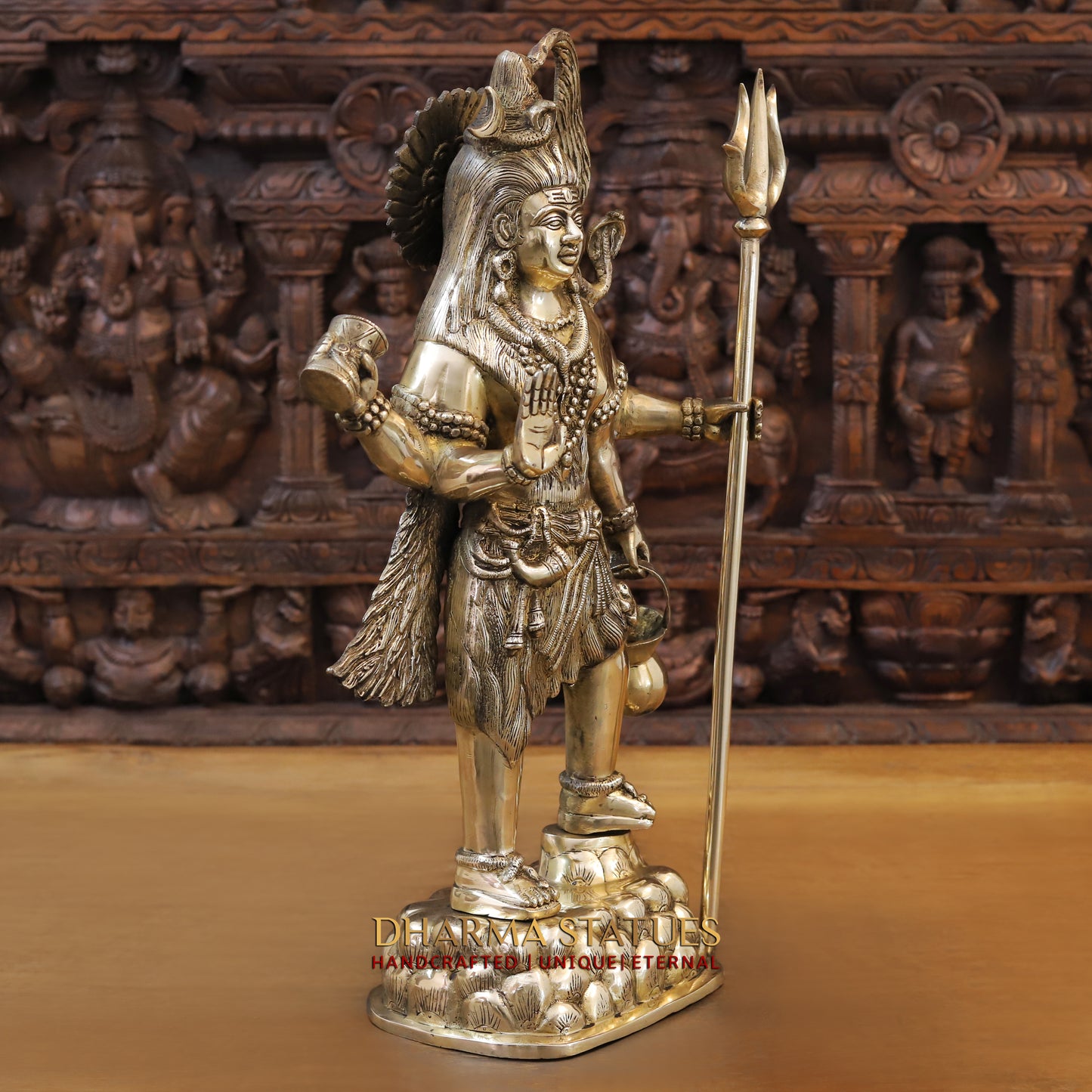 Brass Shiva standing with Trishul, Golden Finish, 24"