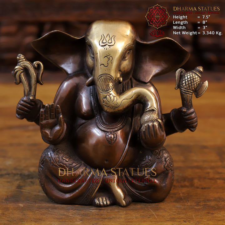 Brass Appu Ganesh seated, copper and gold 7.5”