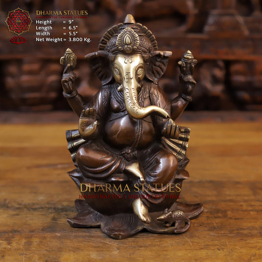 Brass Ganesh Seated on lotus, Copper & Gold Finish, 9"
