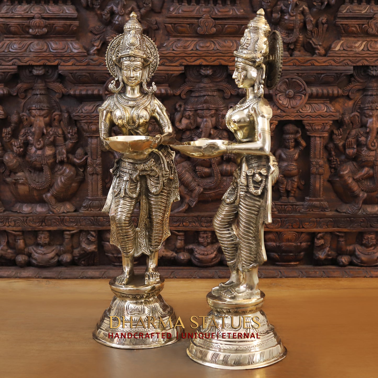 Brass Lakshmi pair holding Lamp, Golden Finish, 28"