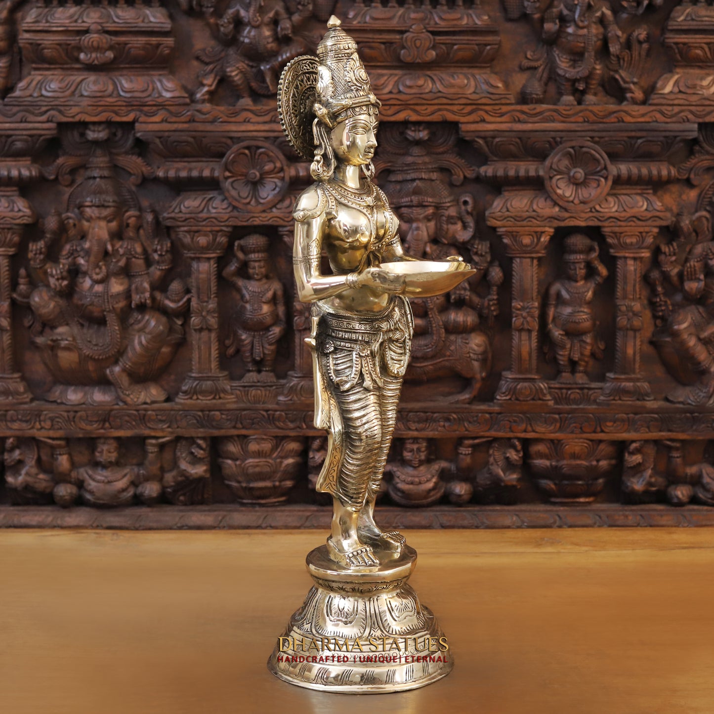 Brass Lakshmi standing with lamp, Golden Finish, 28"