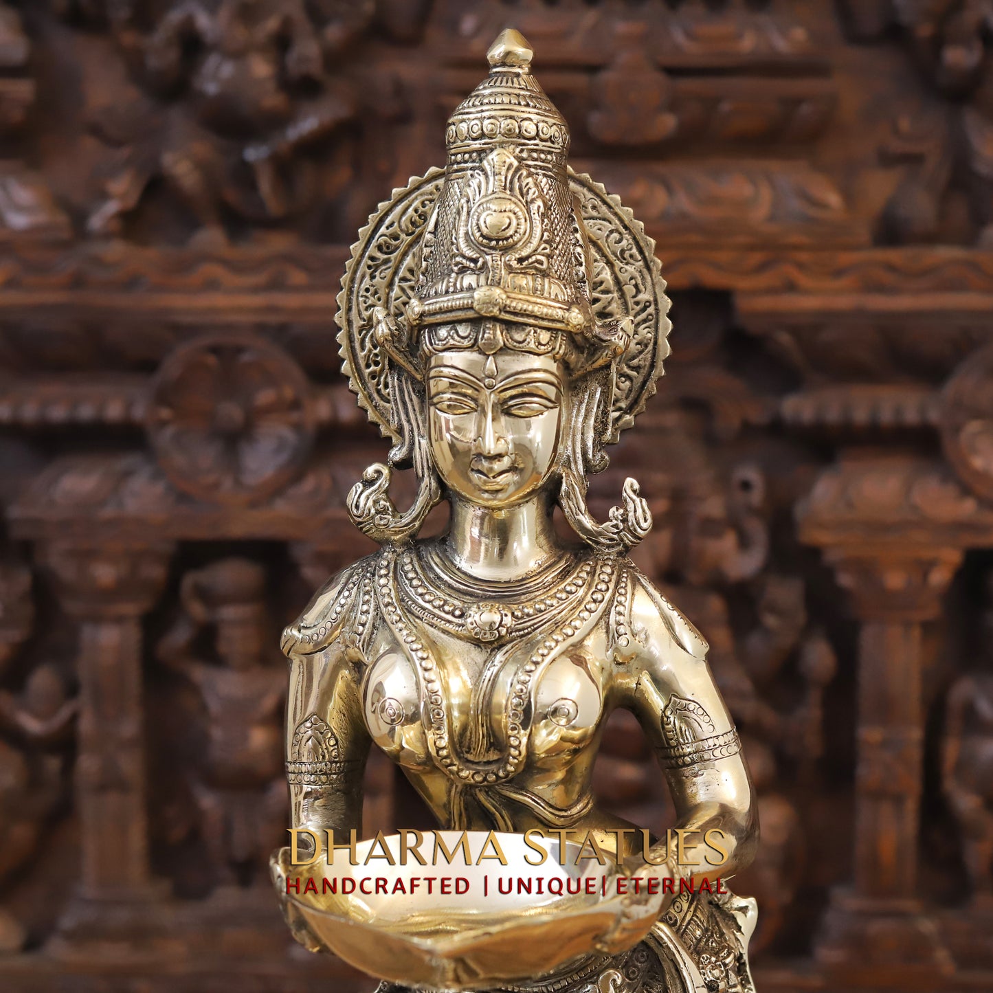 Brass Lakshmi standing with lamp, Golden Finish, 28"