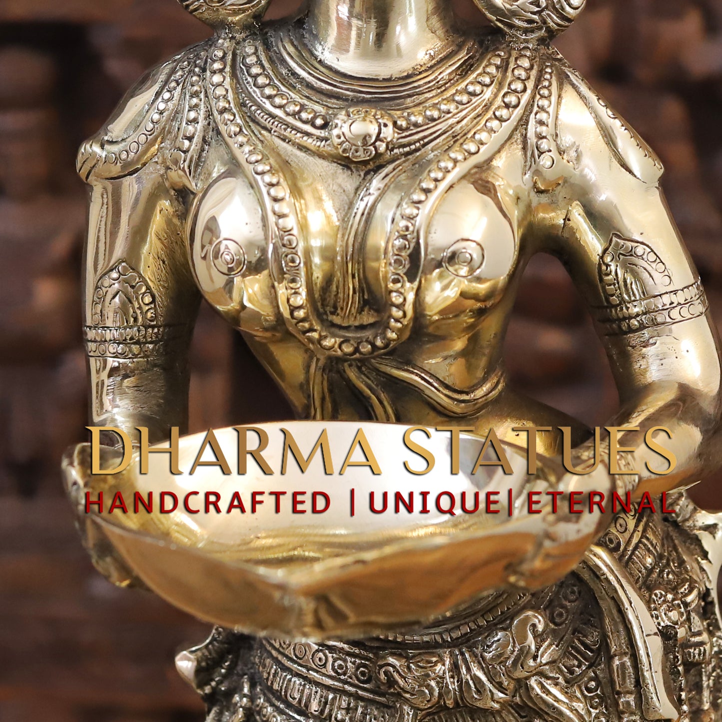 Brass Lakshmi standing with lamp, Golden Finish, 28"