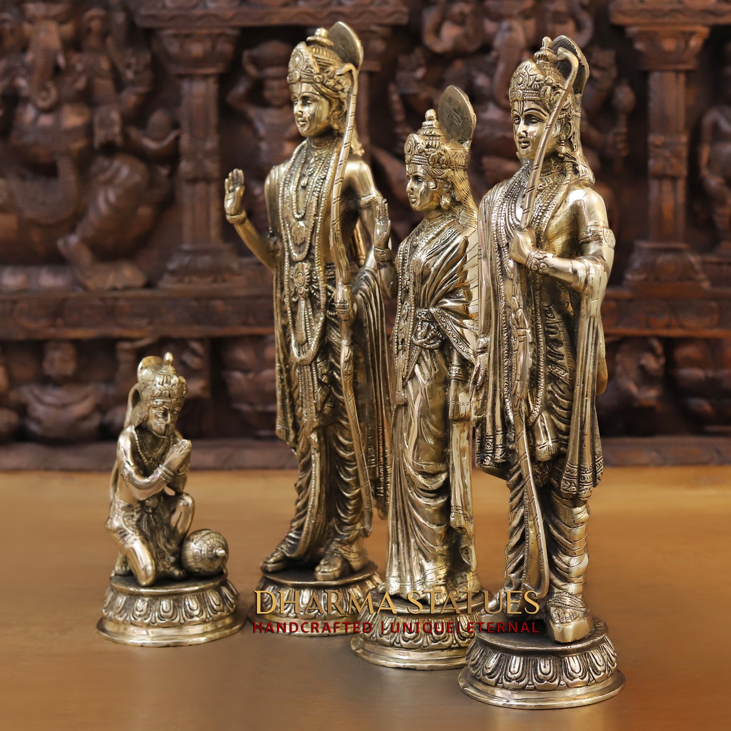 Brass Ram Darbar - Lord Ram, Sita and Laxman With Hanuman seated, Golden Finish, 17"
