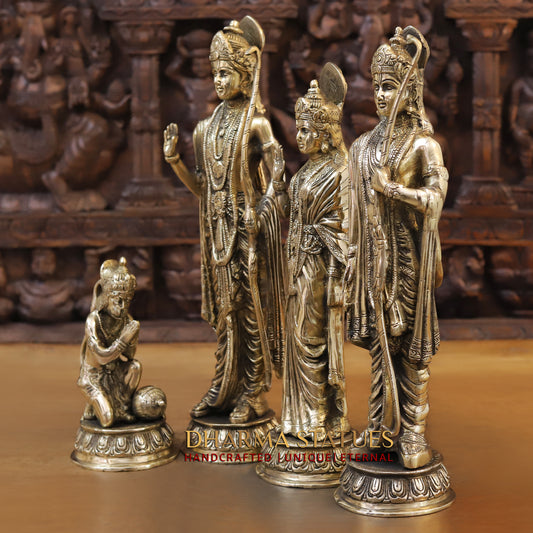 Brass Ram Darbar - Lord Ram, Sita and Laxman With Hanuman seated, Golden Finish, 17"