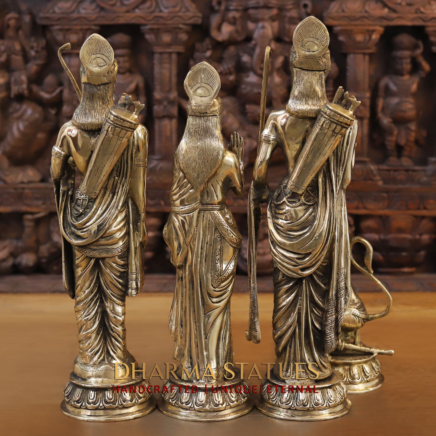 Brass Ram Darbar - Lord Ram, Sita and Laxman With Hanuman seated, Golden Finish, 17"