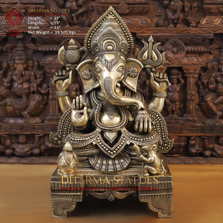 Brass Lord Ganesh Idol, Seated on a Chowki, Fine Golden Finish 27" Front View