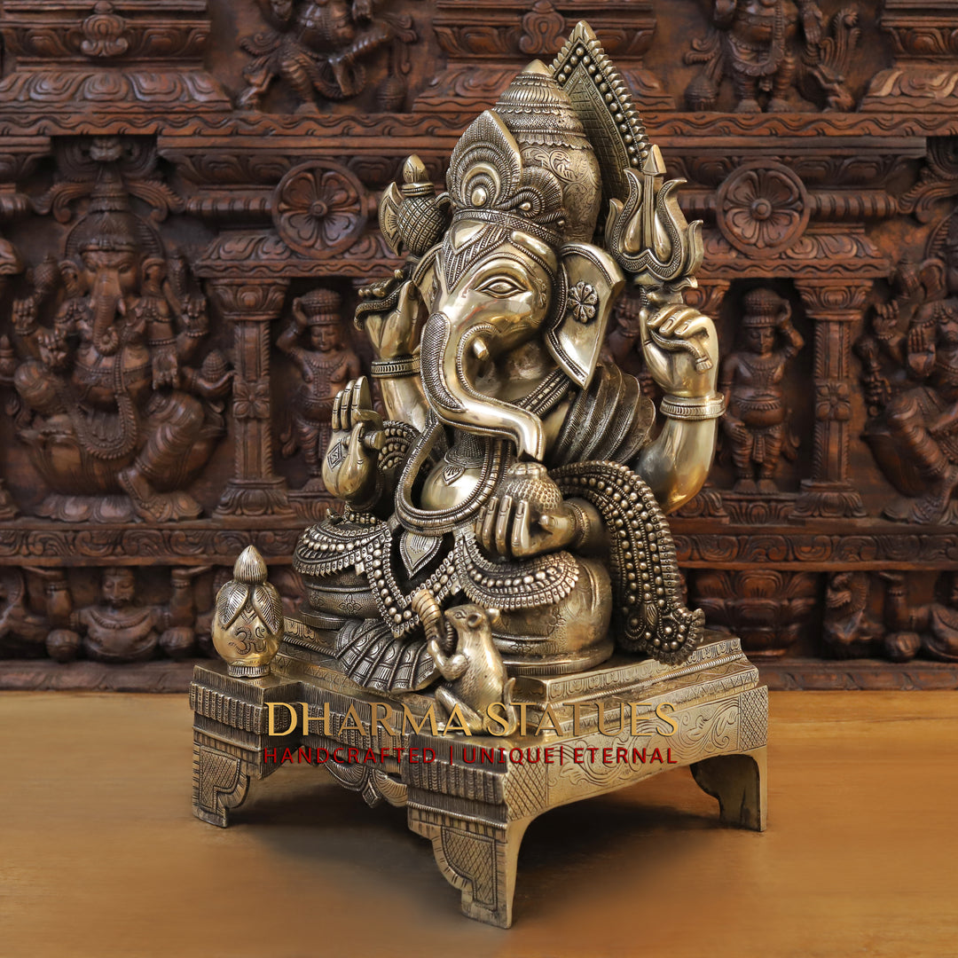 Brass Lord Ganesh Idol, Seated on a Chowki, Fine Golden Finish 27"