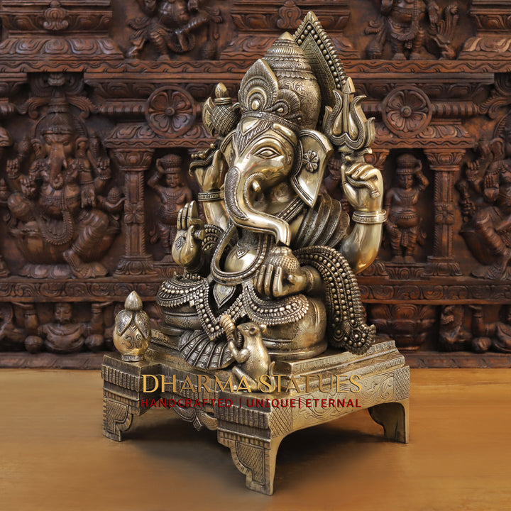 Brass Lord Ganesh Idol, Seated on a Chowki, Fine Golden Finish 27"