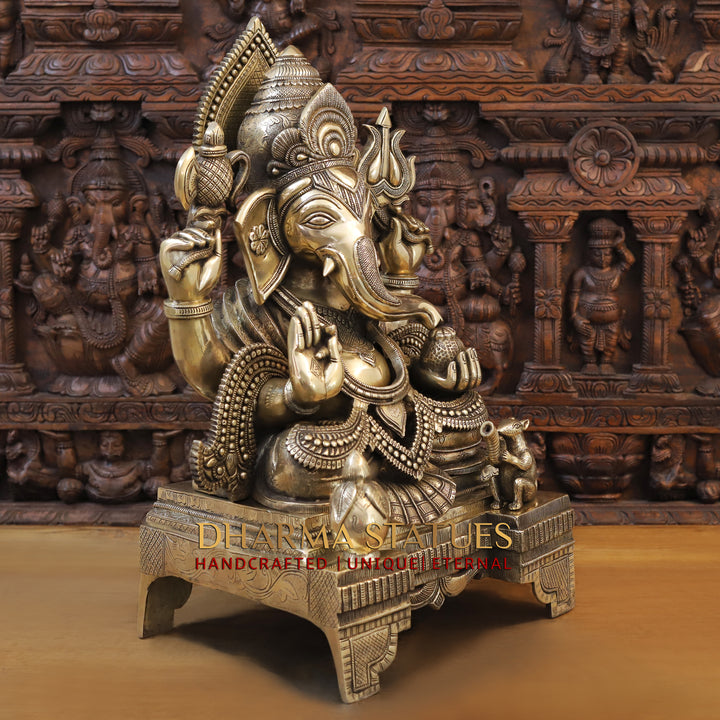 Brass Lord Ganesh Idol, Seated on a Chowki, Fine Golden Finish 27"