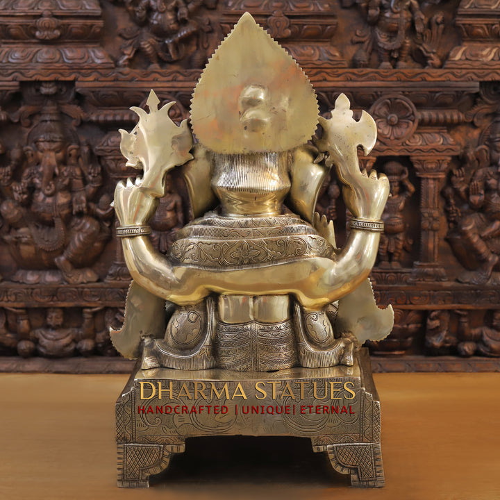 Brass Lord Ganesh Idol, Seated on a Chowki, Fine Golden Finish 27"