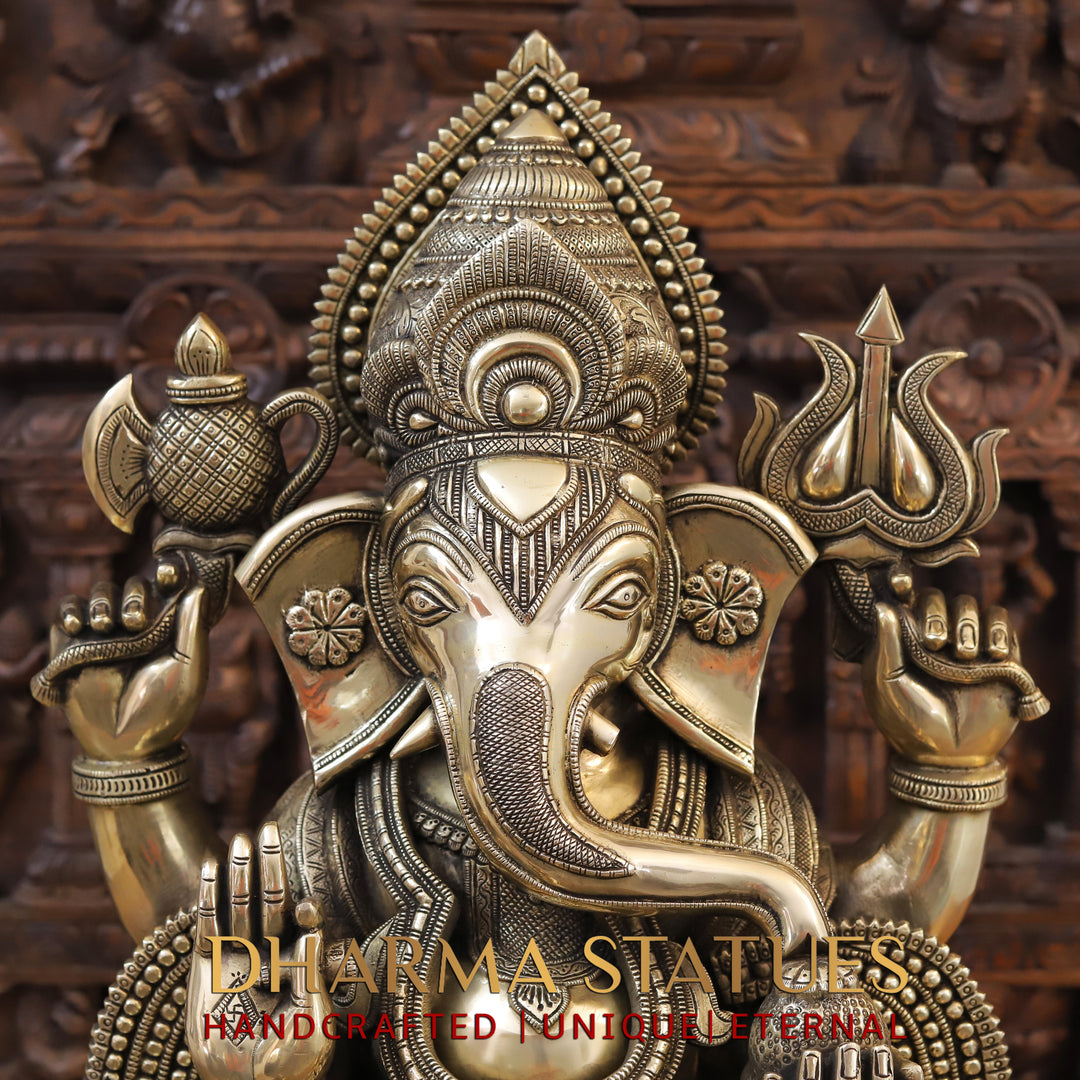 Brass Lord Ganesh Idol, Seated on a Chowki, Fine Golden Finish 27"