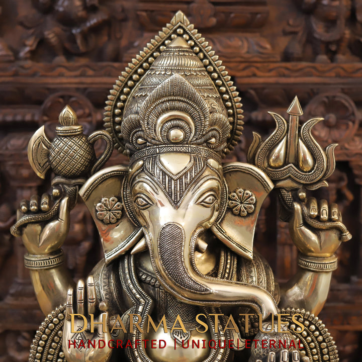 Brass Lord Ganesh Idol, Seated on a Chowki, Fine Golden Finish 27"