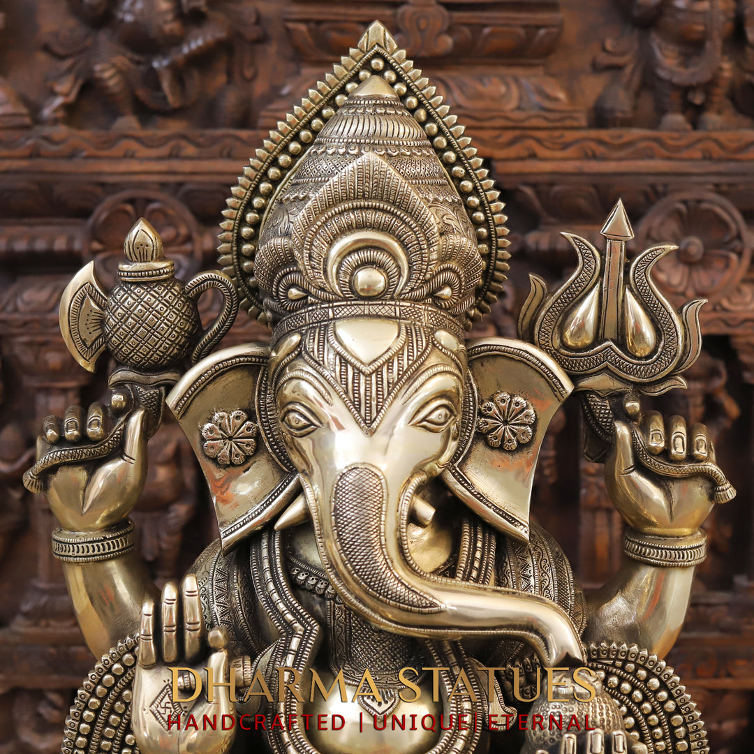 Brass Lord Ganesh Idol, Seated on a Chowki, Fine Golden Finish 27"