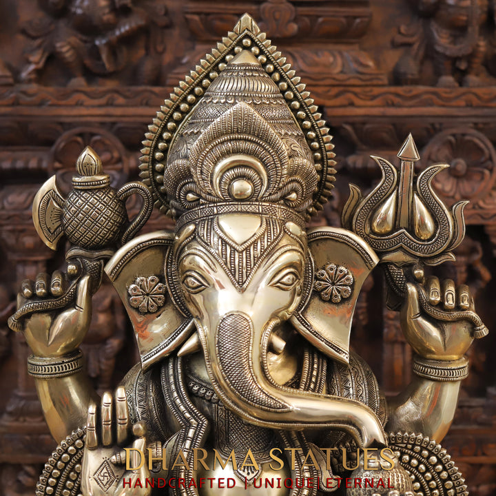 Brass Lord Ganesh Idol, Seated on a Chowki, Fine Golden Finish 27"