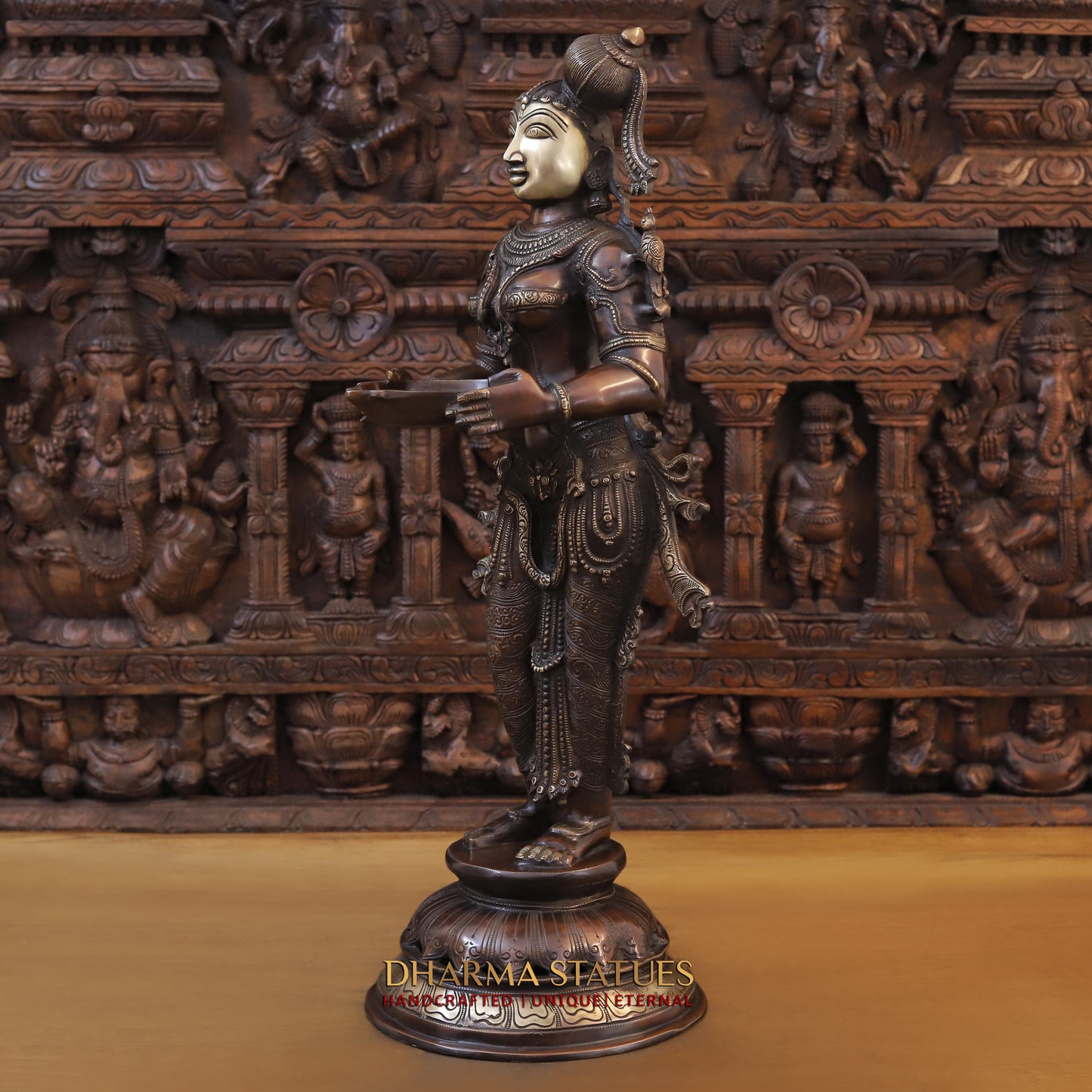 Brass Deeplakshmi holding Lamp, Copper & Golden Finish, 30"