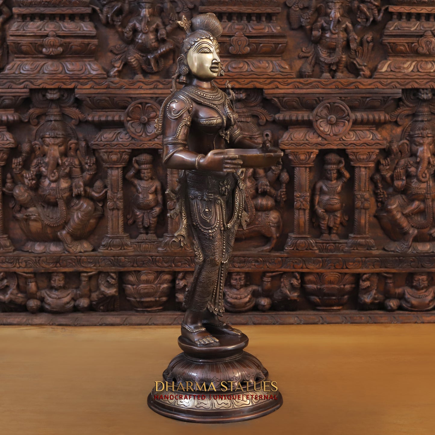 Brass Deeplakshmi holding Lamp, Copper & Golden Finish, 30"