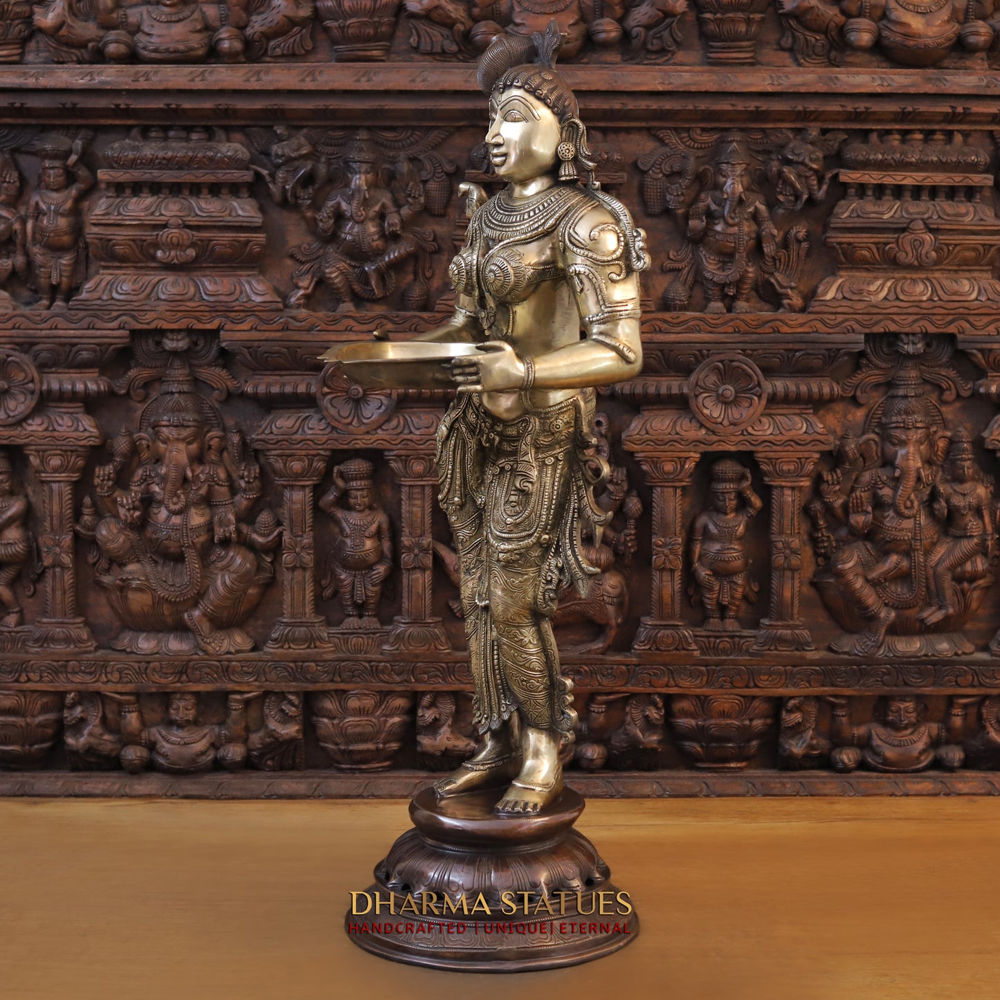 Brass Deeplakshmi holding Lamp, Copper & Golden Finish, 37"