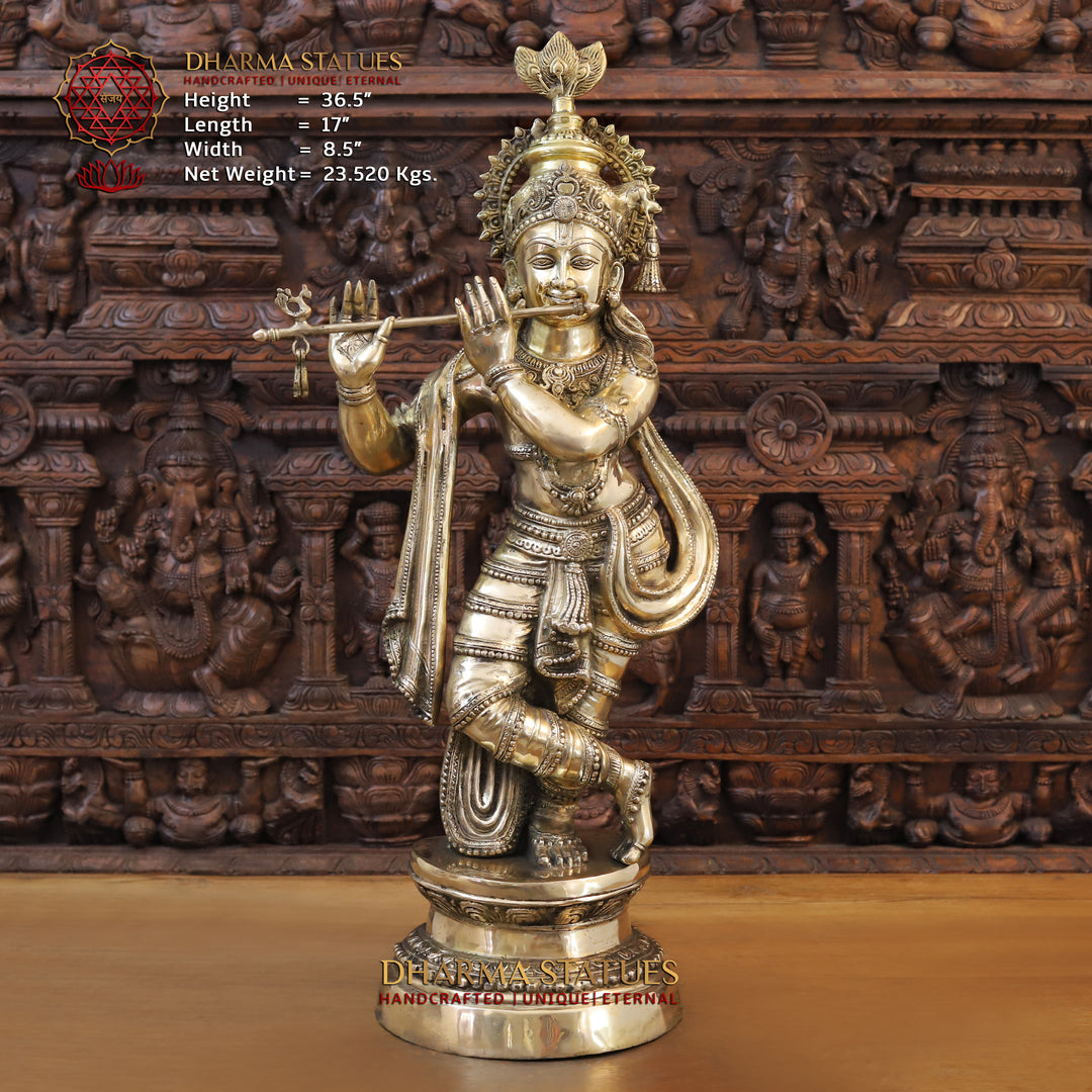 Brass Lord Krishna Idol, Standing on a Base, Fine Golden Finish 36.5" Front View