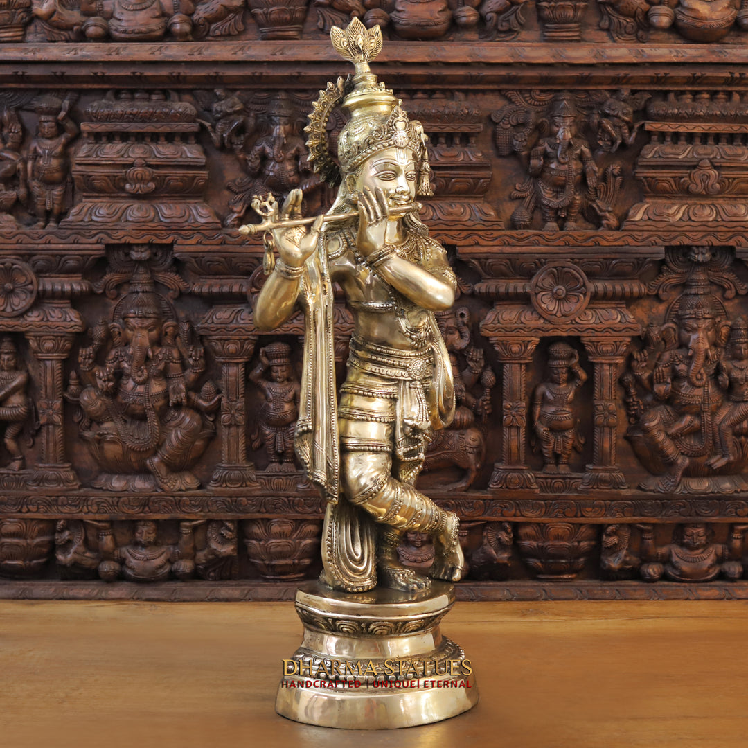 Brass Lord Krishna Idol, Standing on a Base, Fine Golden Finish 36.5"